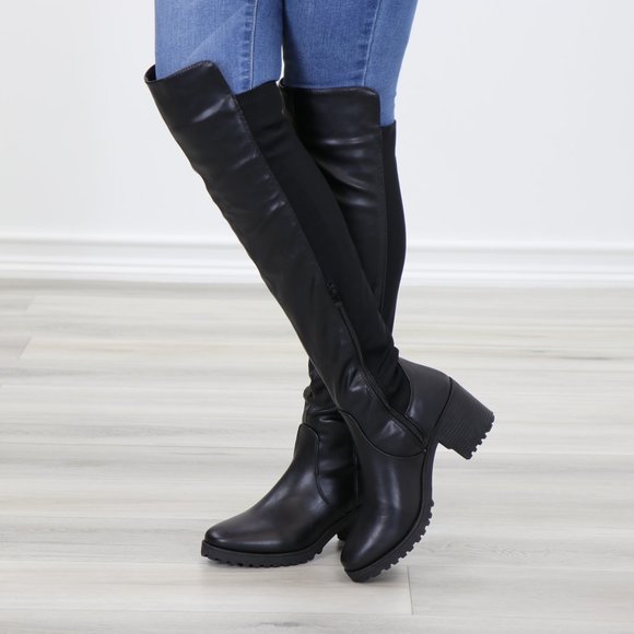 Black Over The Knee Boot Chunky Lug Heel Faux Dual Leather And Stretchy Material - Picture 12 of 15